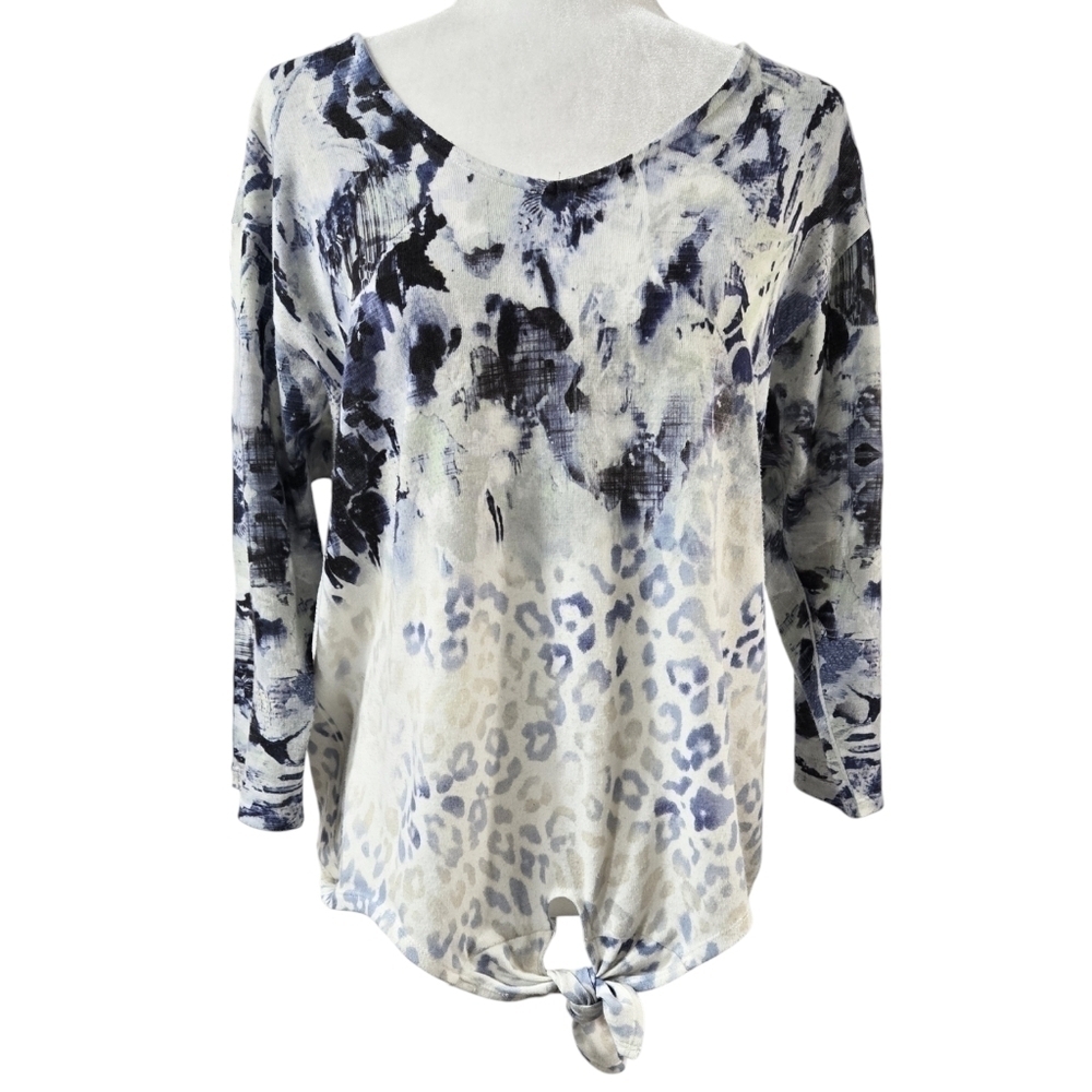 Chico's Blue Cream Abstract Floral Leopard Print Tie Front Dolman Sleeve Top